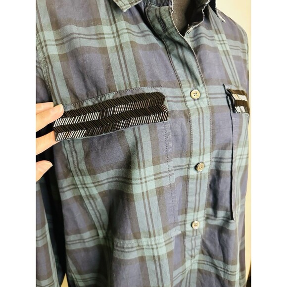 J. Crew Blue Green‎ Plaid Long Sleeve Shirt Beaded Pockets Women's SIZE 12 - Picture 5 of 11